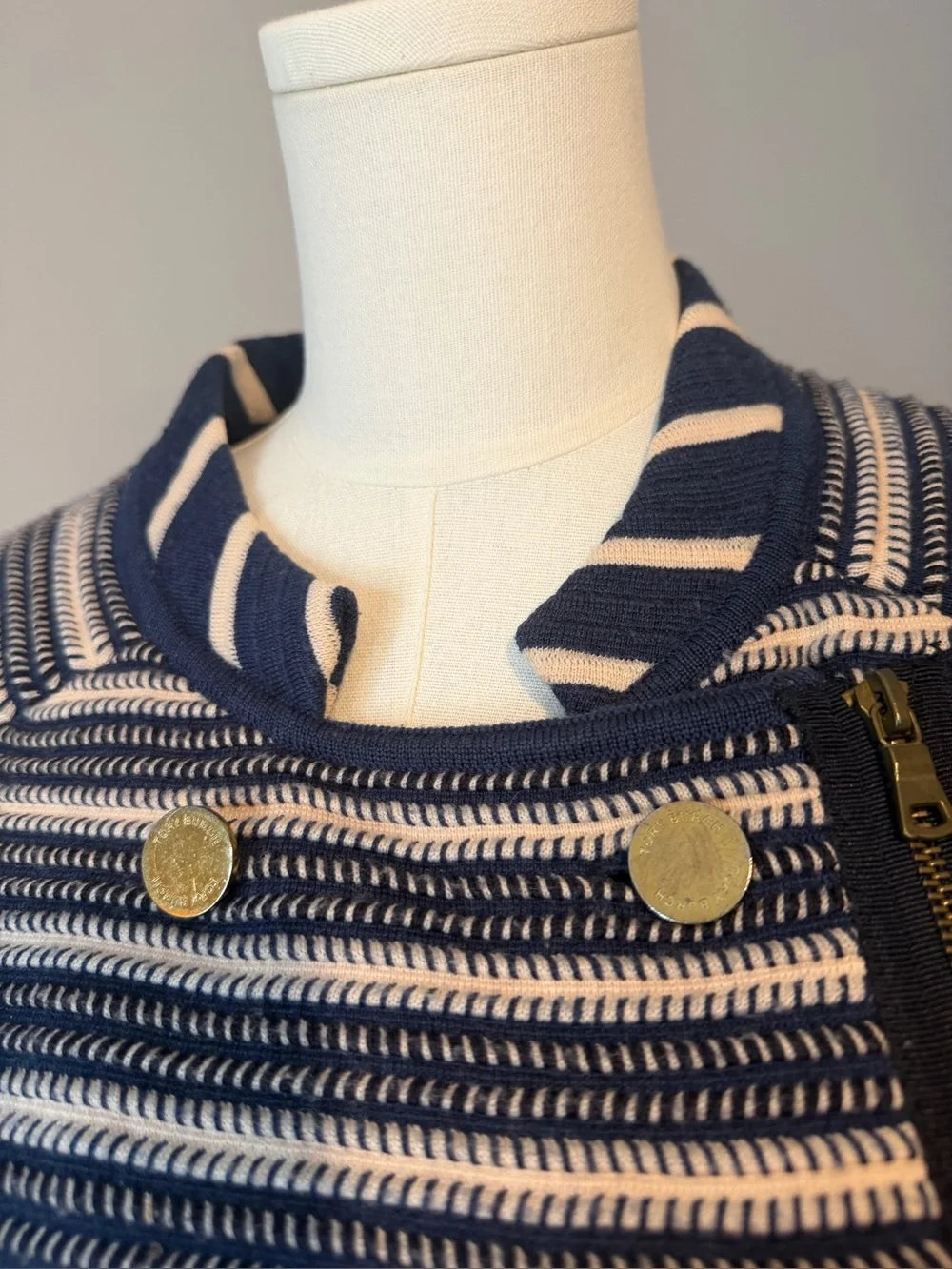 Tory Burch Navy and Cream Merino Wool Striped Knit Double-Breasted Jacket